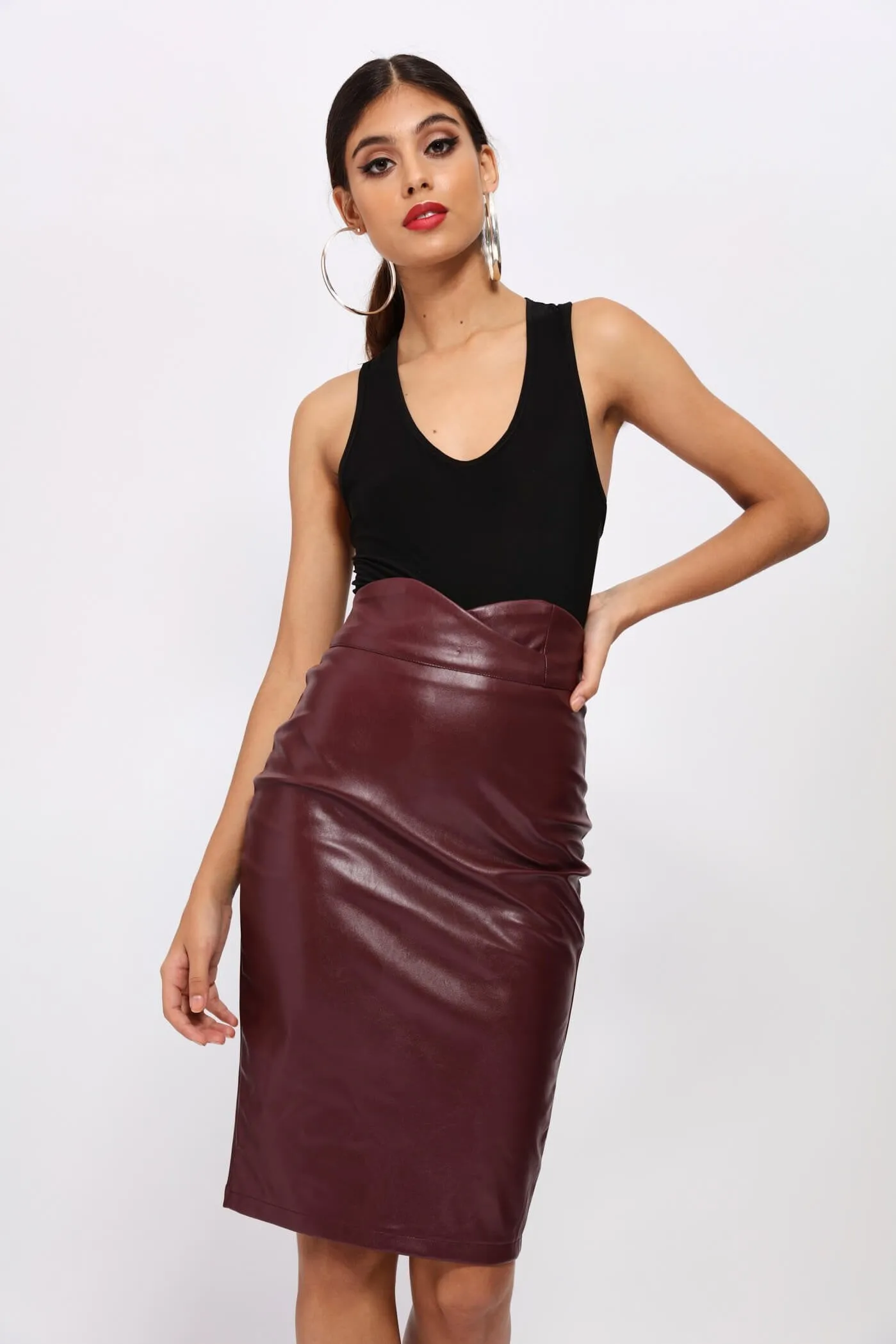 Burgundy Crossover Detail Pencil Skirt