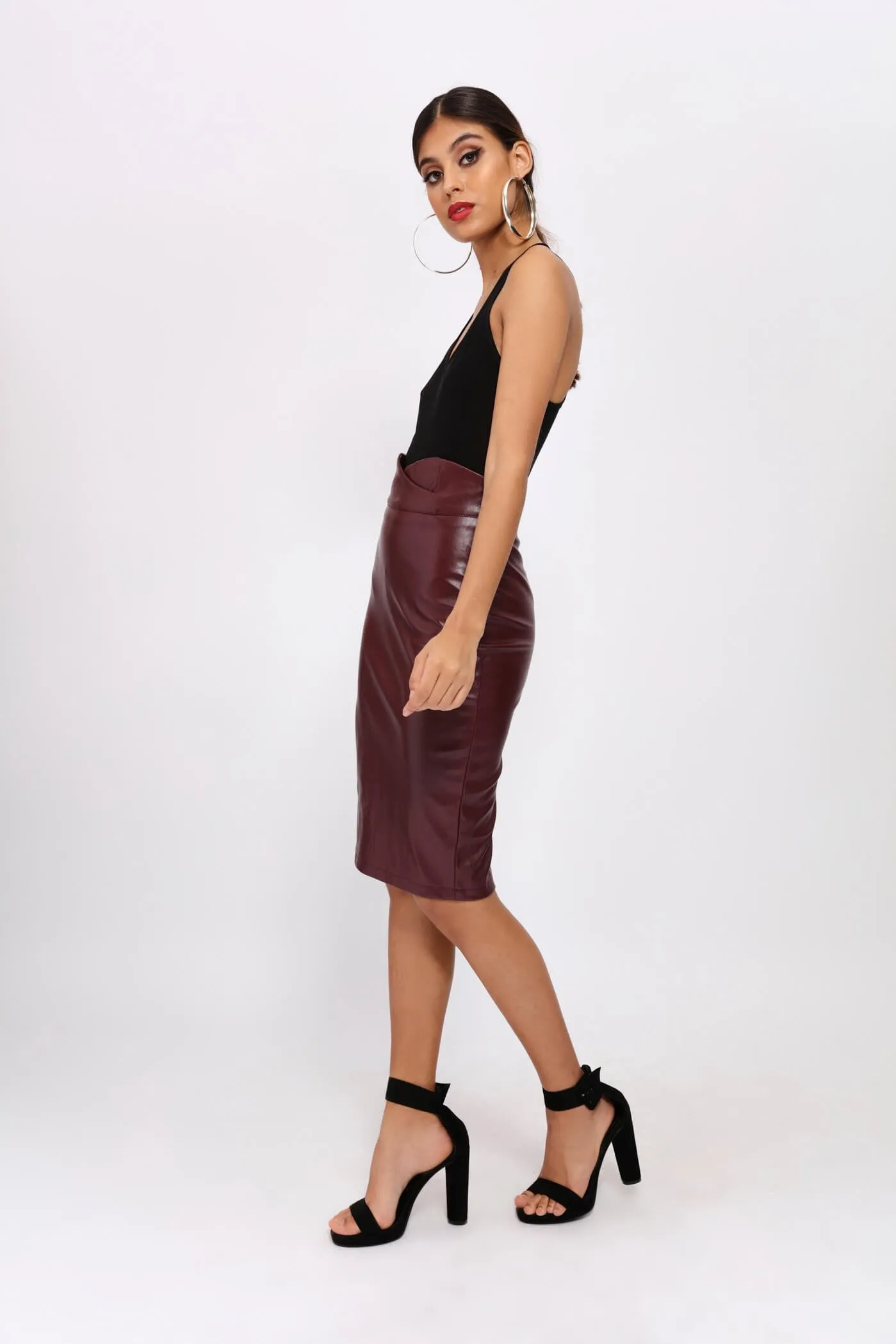 Burgundy Crossover Detail Pencil Skirt