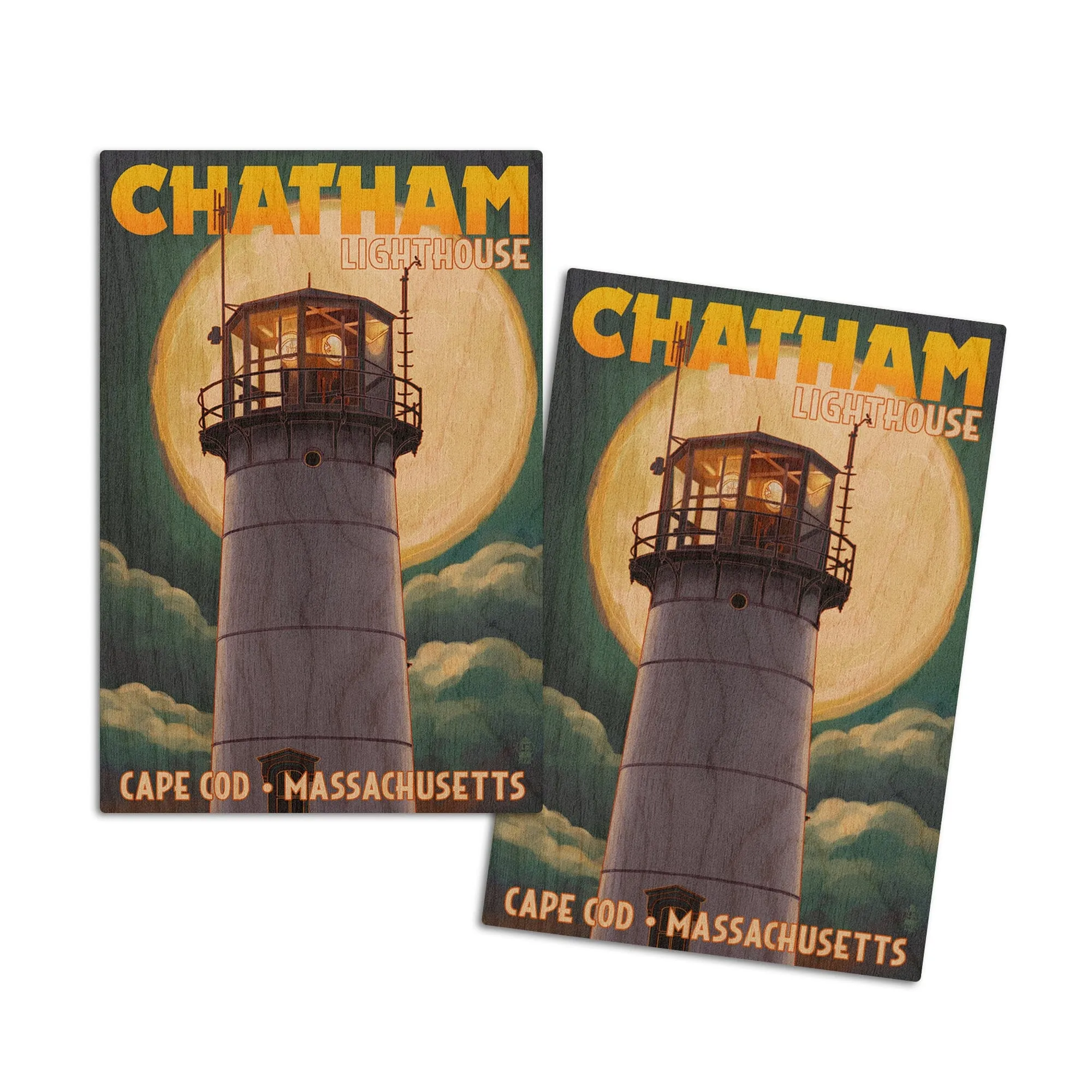 Cape Cod, Massachusetts, Chatham Light & Full Moon, Lantern Press Artwork, Wood Signs and Postcards