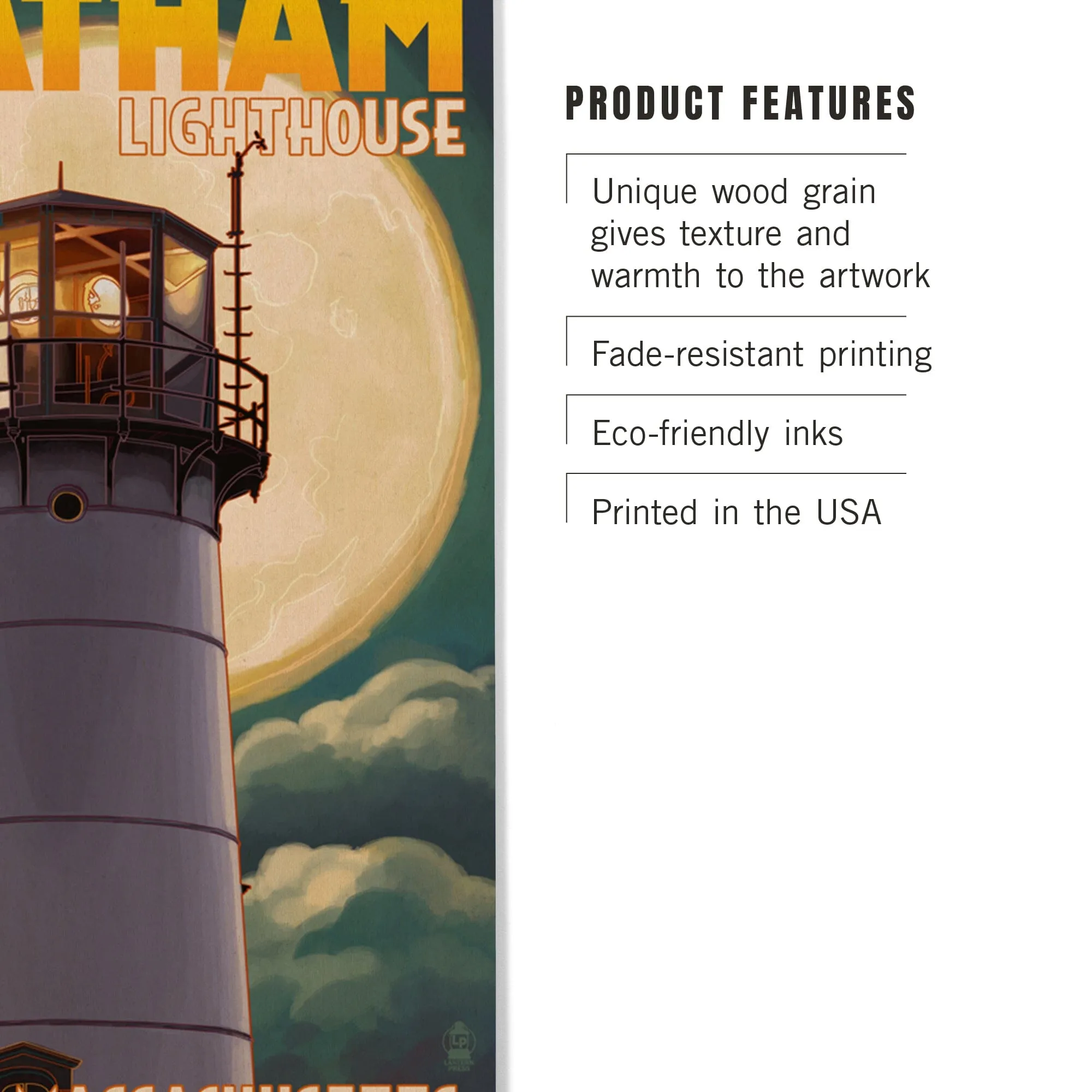 Cape Cod, Massachusetts, Chatham Light & Full Moon, Lantern Press Artwork, Wood Signs and Postcards