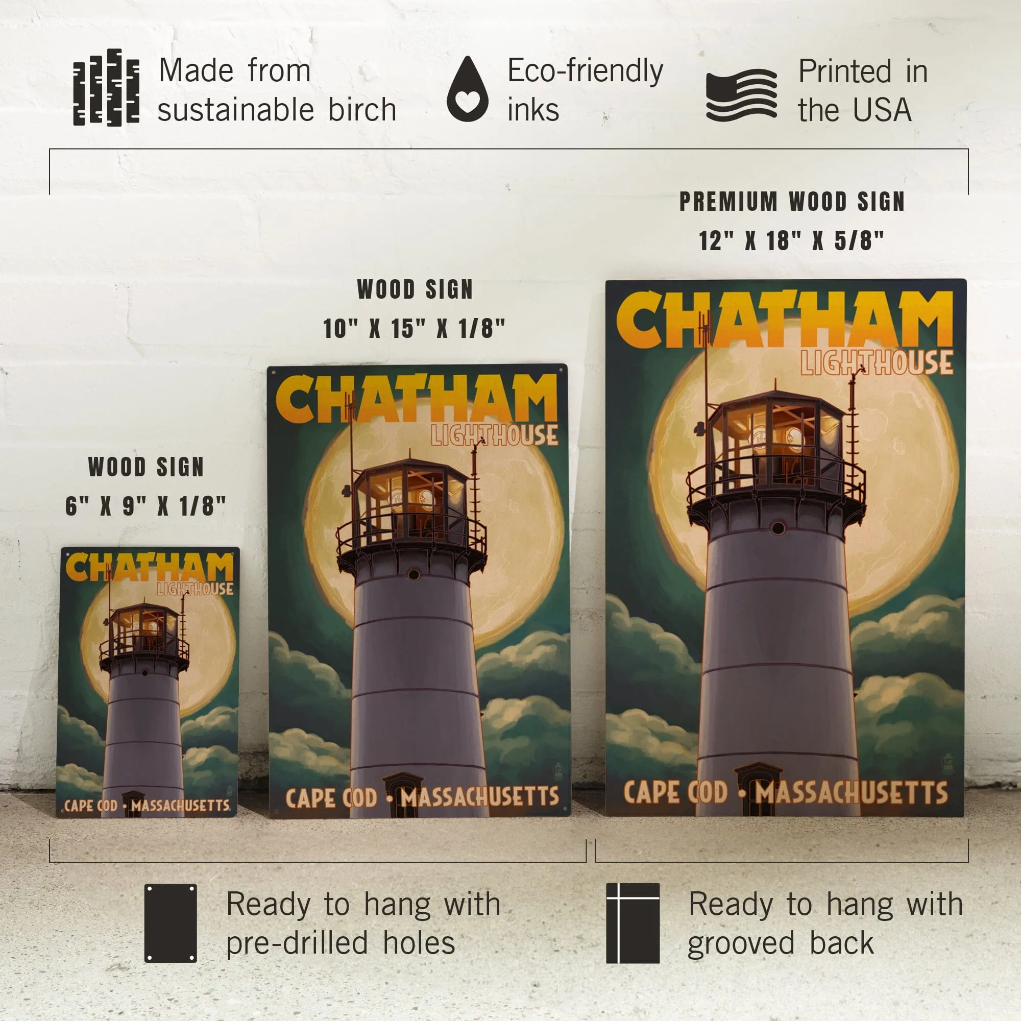 Cape Cod, Massachusetts, Chatham Light & Full Moon, Lantern Press Artwork, Wood Signs and Postcards