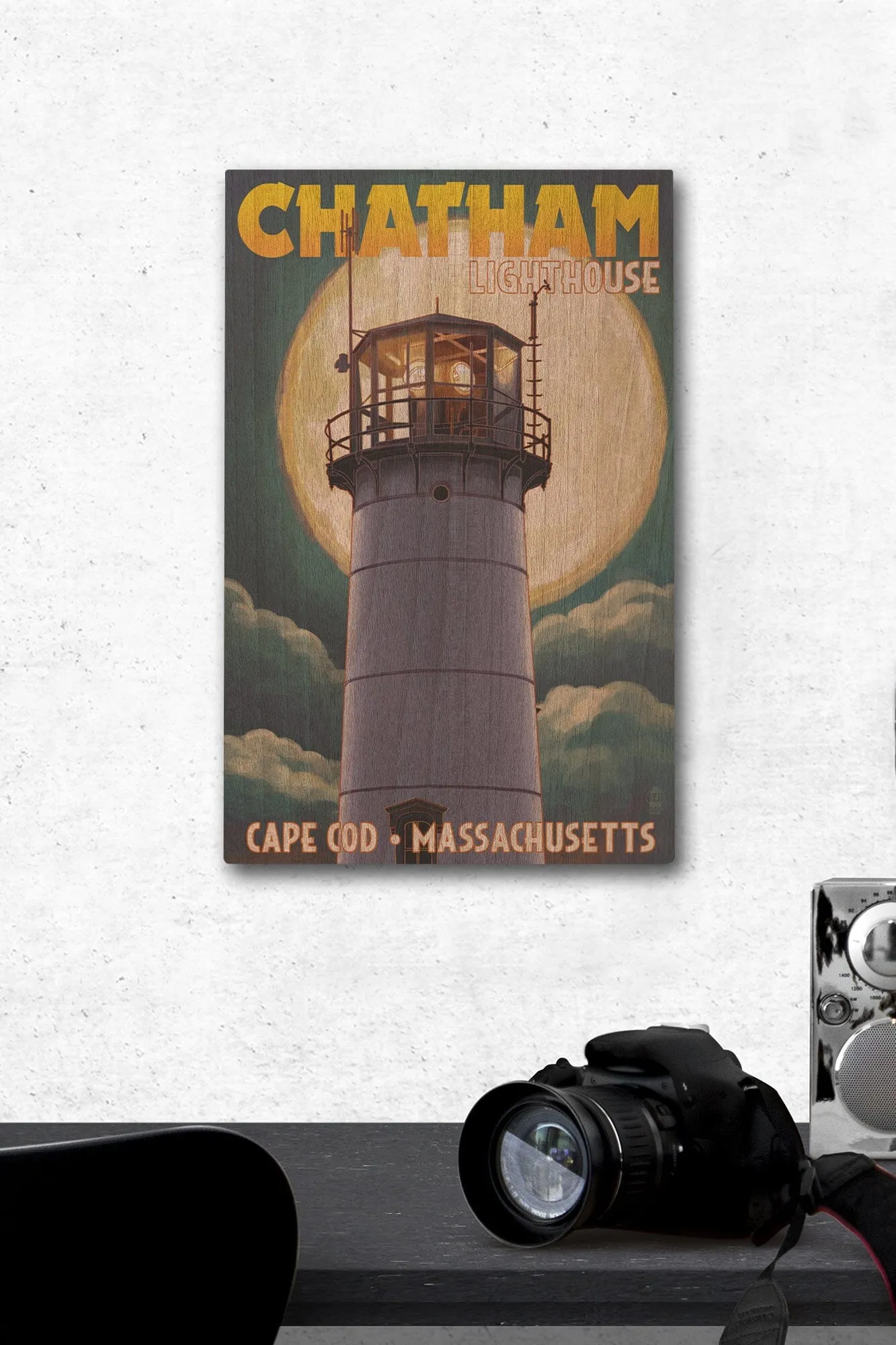 Cape Cod, Massachusetts, Chatham Light & Full Moon, Lantern Press Artwork, Wood Signs and Postcards