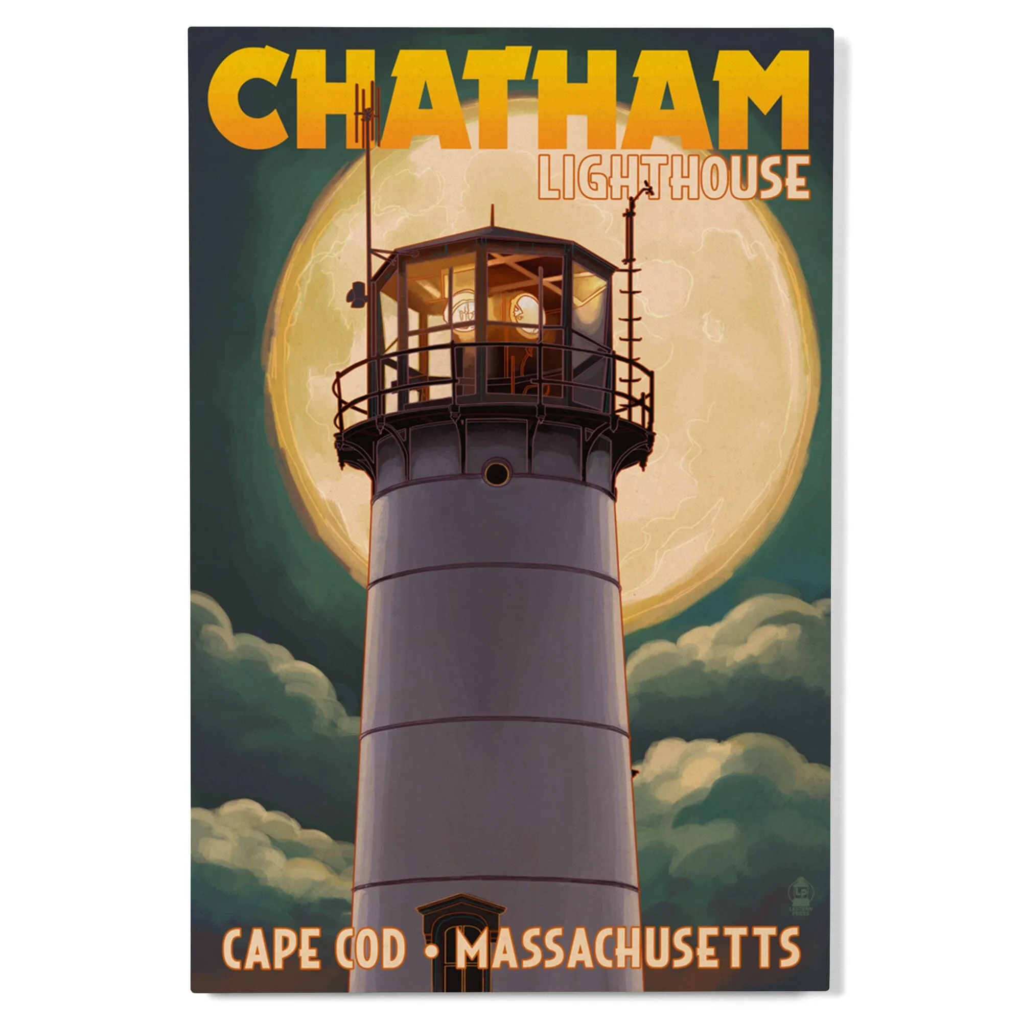 Cape Cod, Massachusetts, Chatham Light & Full Moon, Lantern Press Artwork, Wood Signs and Postcards