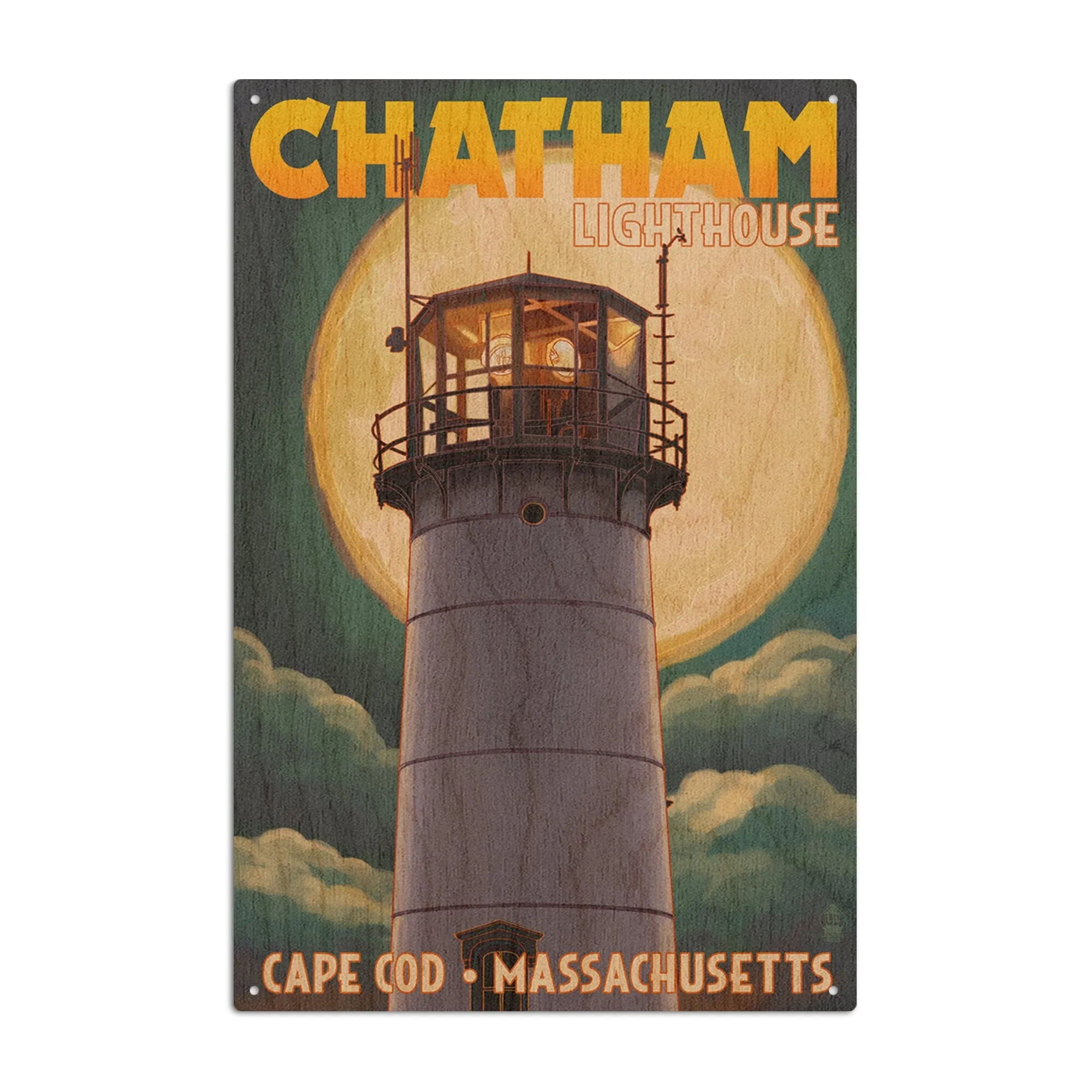 Cape Cod, Massachusetts, Chatham Light & Full Moon, Lantern Press Artwork, Wood Signs and Postcards