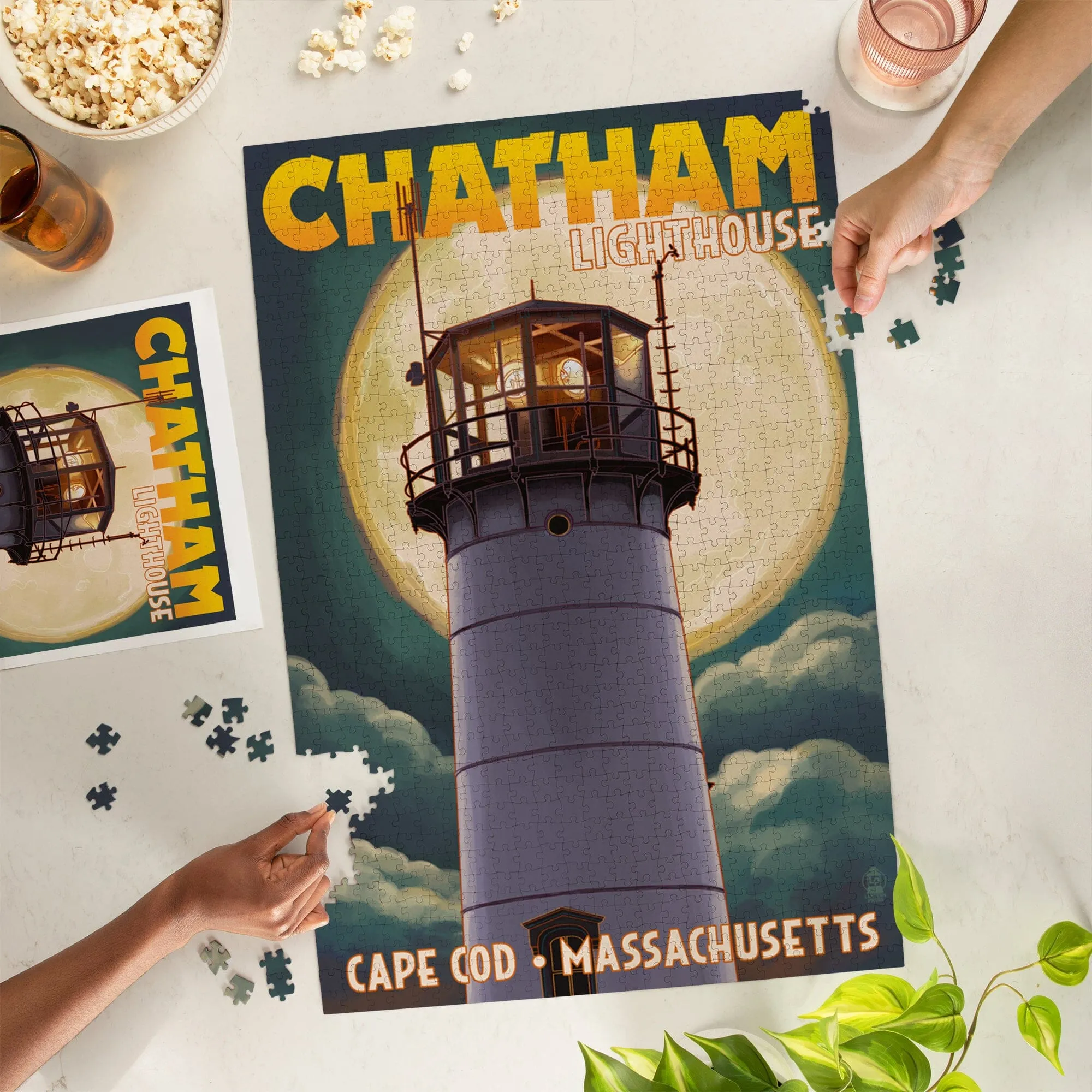 Cape Cod, Massachusetts, Chatham Light and Full Moon, Jigsaw Puzzle