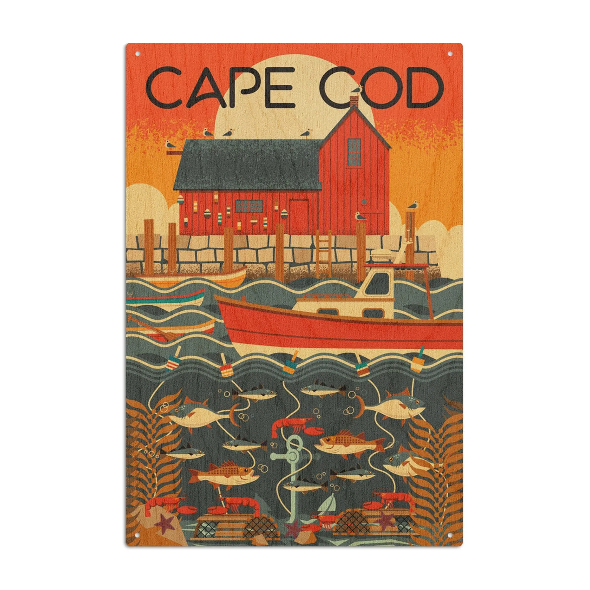 Cape Cod, Massachusetts, Nautical Geometric, Lantern Press Artwork, Wood Signs and Postcards