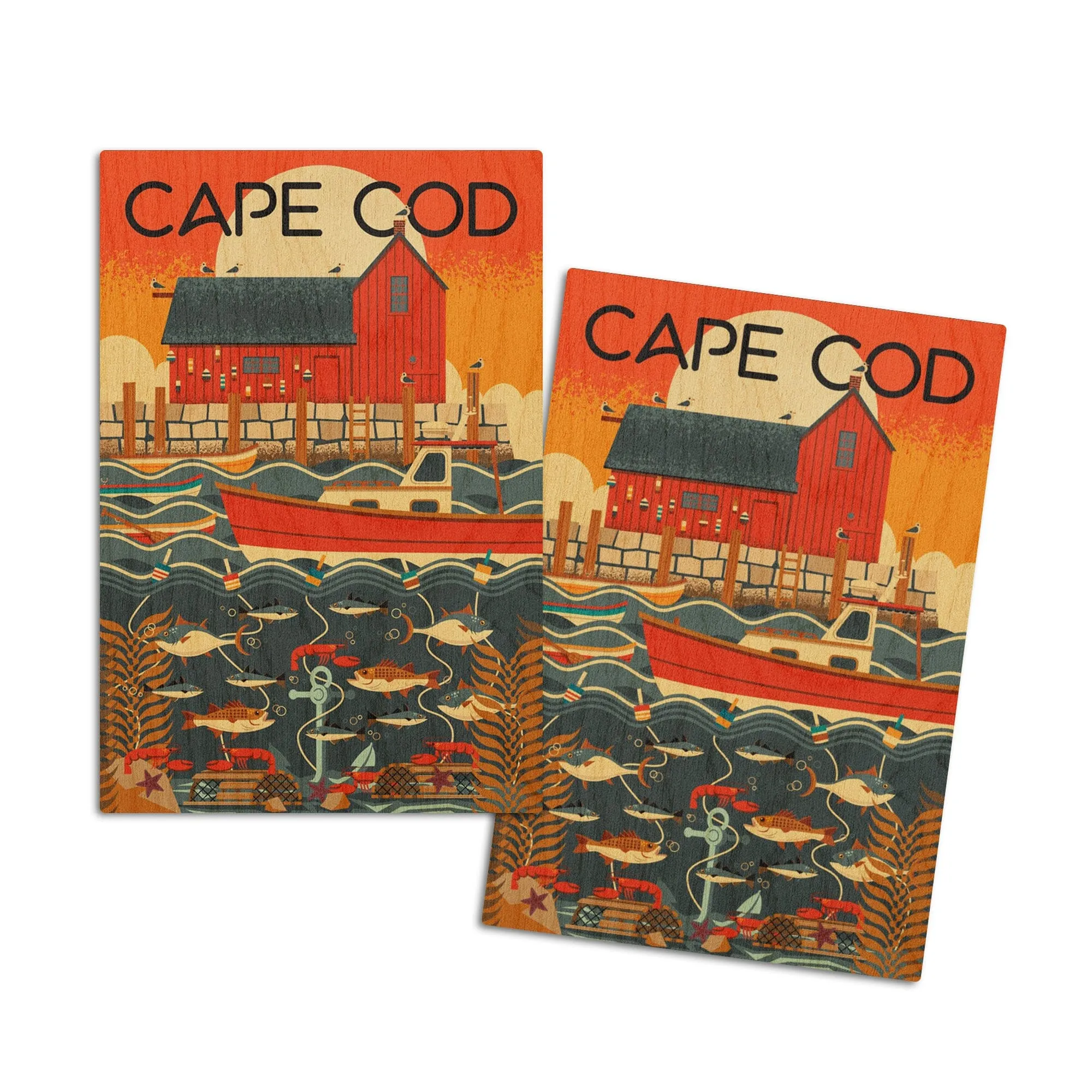 Cape Cod, Massachusetts, Nautical Geometric, Lantern Press Artwork, Wood Signs and Postcards