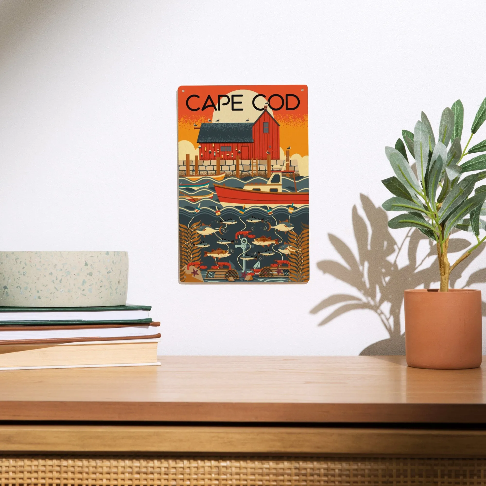 Cape Cod, Massachusetts, Nautical Geometric, Lantern Press Artwork, Wood Signs and Postcards