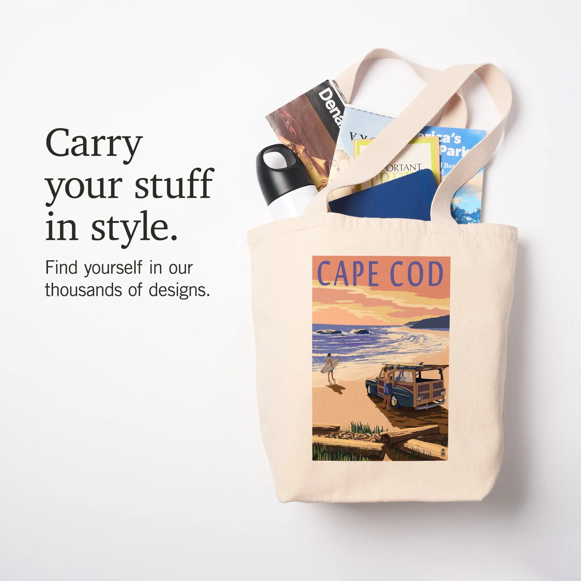 Cape Cod, Massachusetts, Woody on Beach, Lantern Press Artwork, Tote Bag