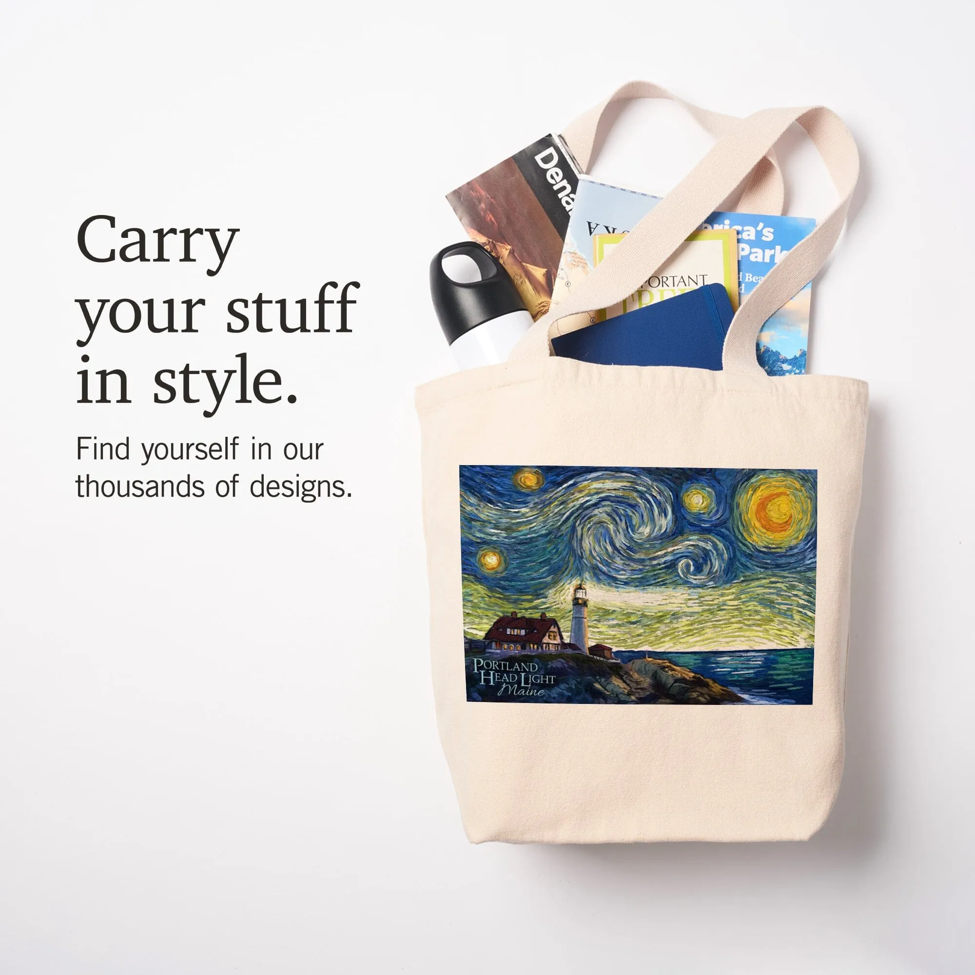 Cape Elizabeth, Maine, Portland Head Lighthouse, Starry Night, Lantern Press Artwork, Tote Bag