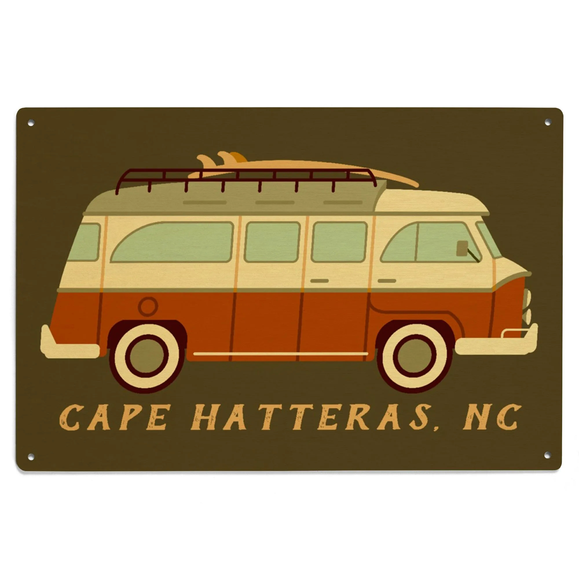 Cape Hatteras, North Carolina, Camper Van with Surfboard, Geometric, Lantern Press Artwork, Wood Signs and Postcards