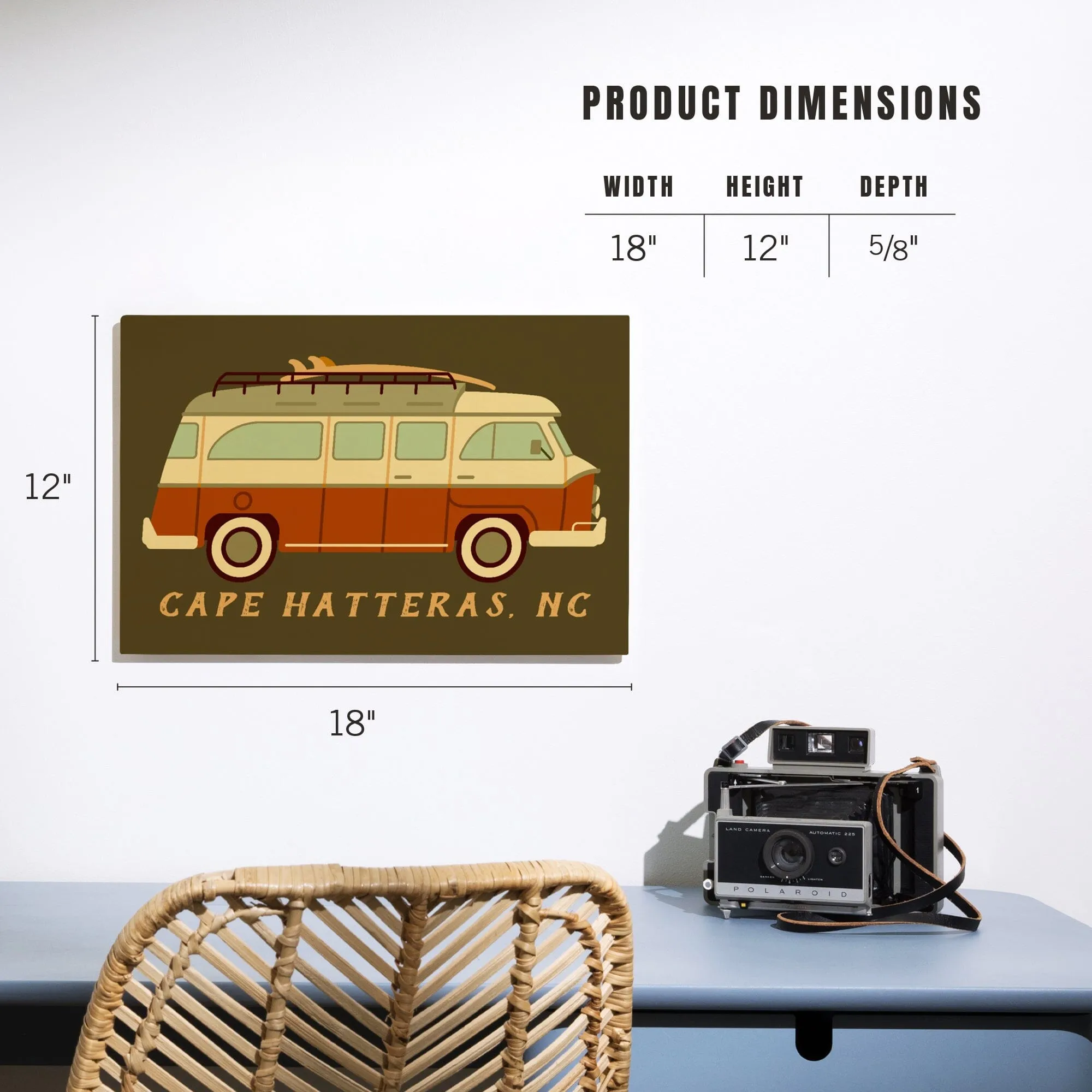 Cape Hatteras, North Carolina, Camper Van with Surfboard, Geometric, Lantern Press Artwork, Wood Signs and Postcards