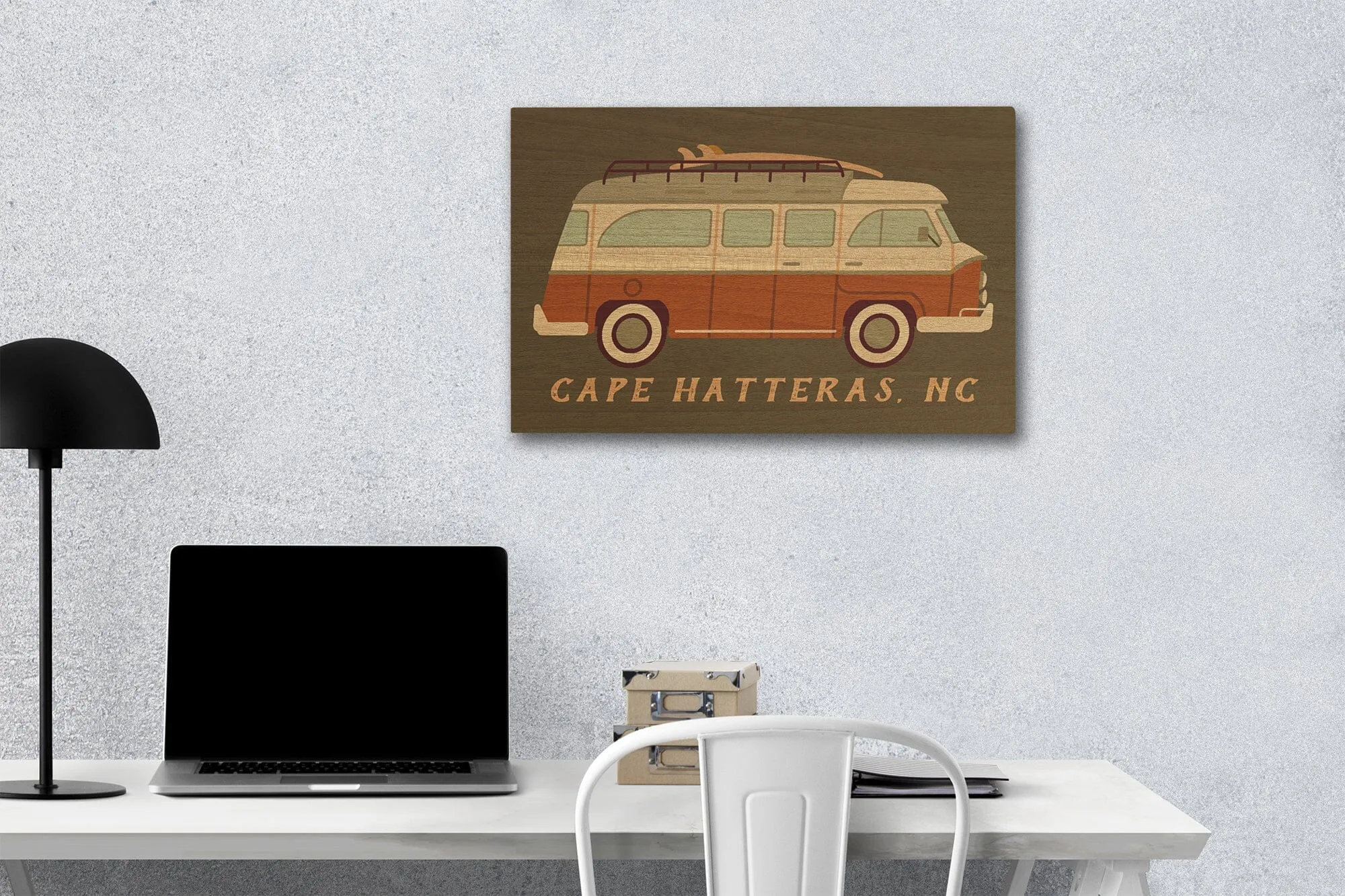 Cape Hatteras, North Carolina, Camper Van with Surfboard, Geometric, Lantern Press Artwork, Wood Signs and Postcards