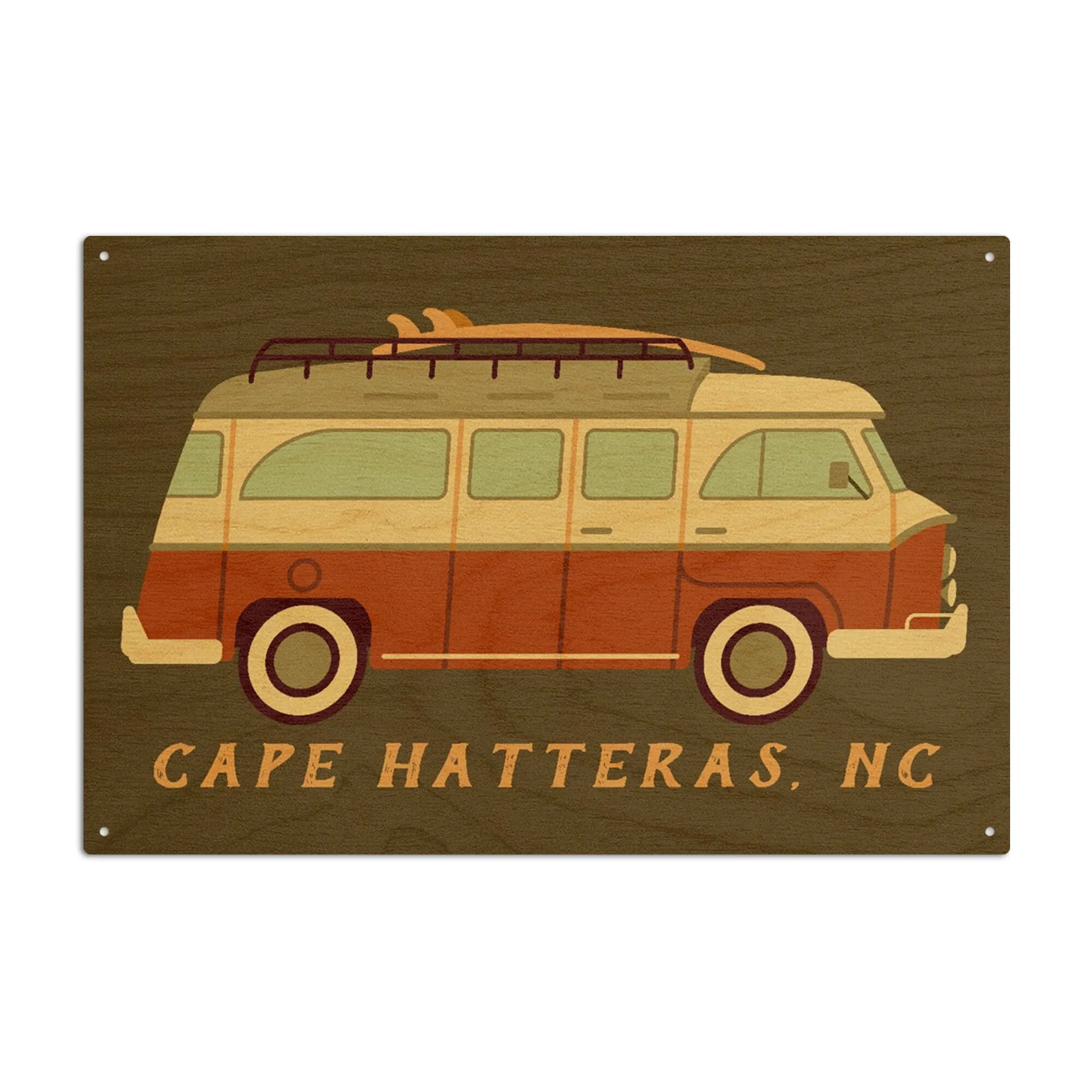 Cape Hatteras, North Carolina, Camper Van with Surfboard, Geometric, Lantern Press Artwork, Wood Signs and Postcards