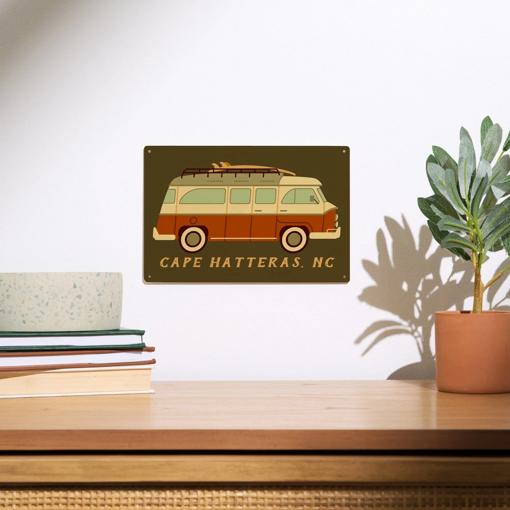 Cape Hatteras, North Carolina, Camper Van with Surfboard, Geometric, Lantern Press Artwork, Wood Signs and Postcards