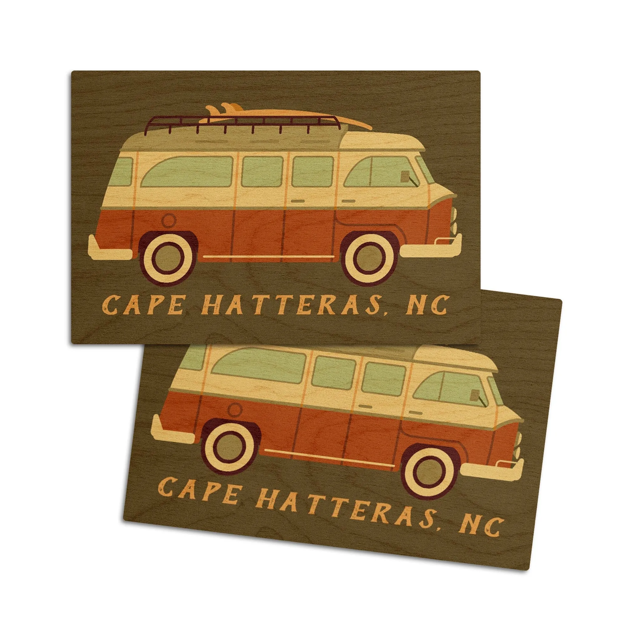 Cape Hatteras, North Carolina, Camper Van with Surfboard, Geometric, Lantern Press Artwork, Wood Signs and Postcards