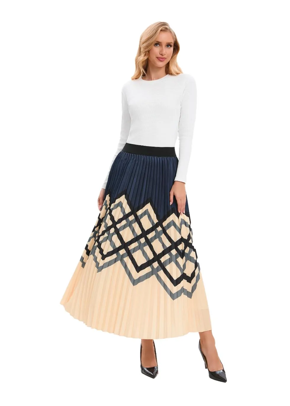 Chic Print Elastic Pleated Midi Skirt