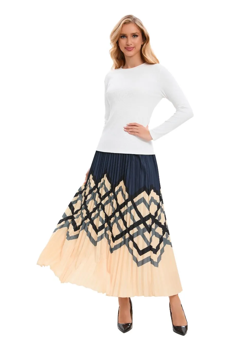 Chic Print Elastic Pleated Midi Skirt