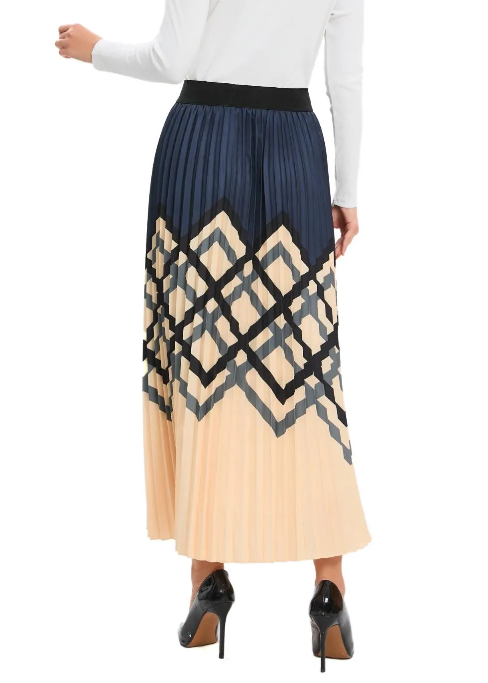 Chic Print Elastic Pleated Midi Skirt