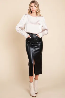 Cotton Backed Faux Leather Split Pencil Skirt