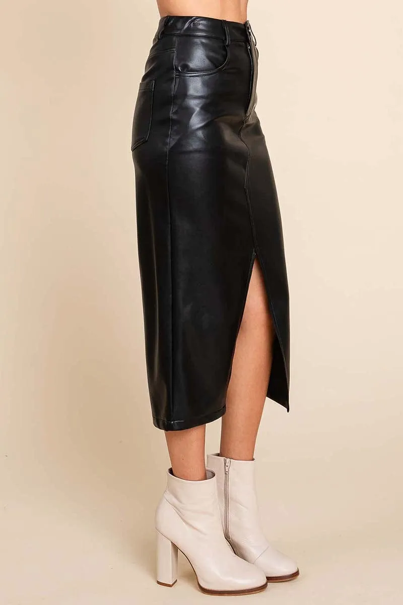 Cotton Backed Faux Leather Split Pencil Skirt