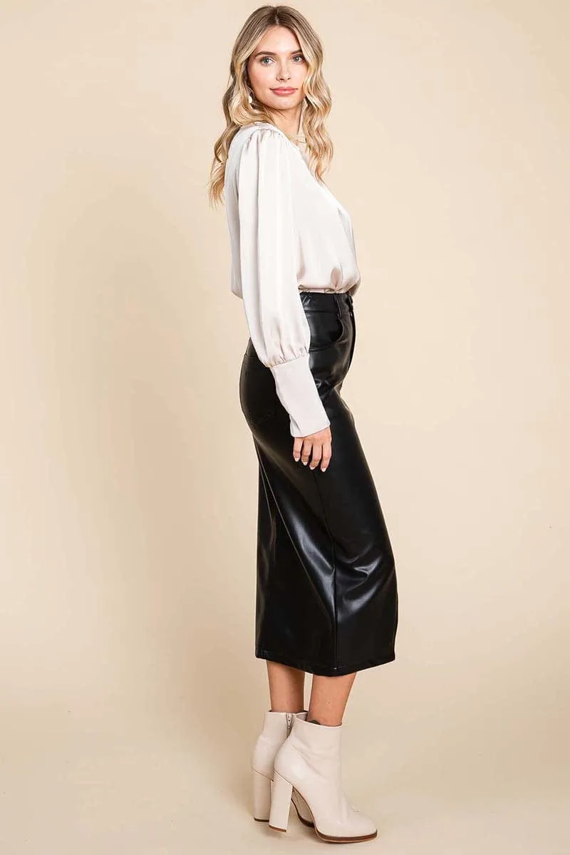 Cotton Backed Faux Leather Split Pencil Skirt