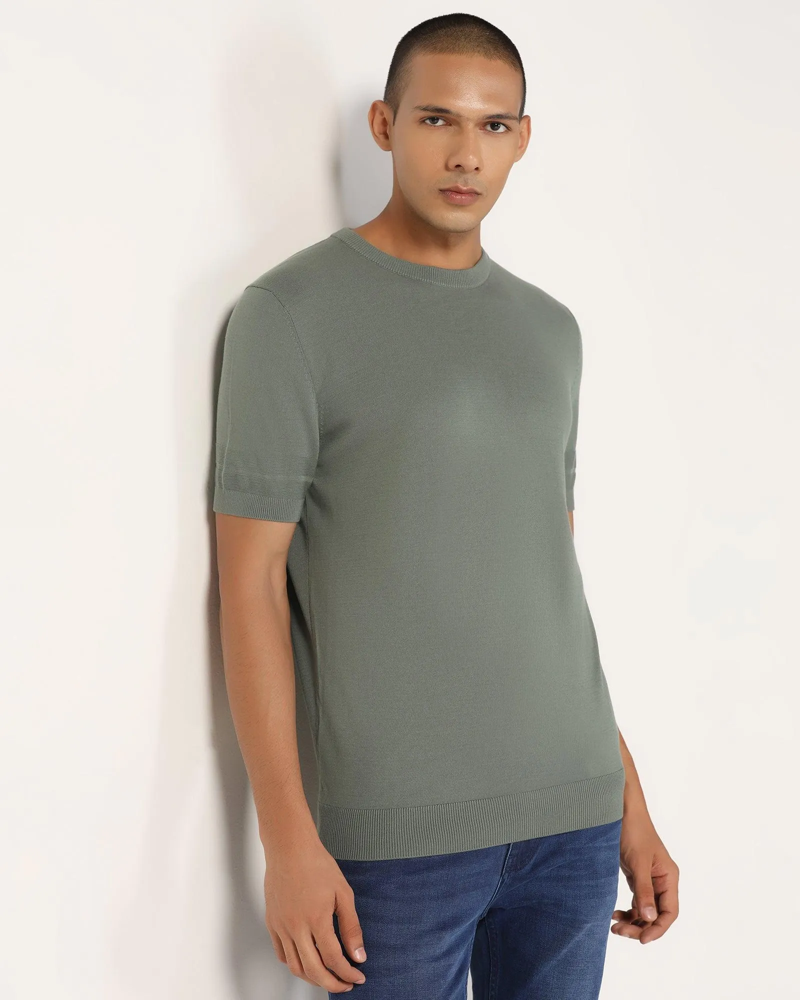 Crew Neck Jungle Green Yarn Dyed T-Shirt - Miya