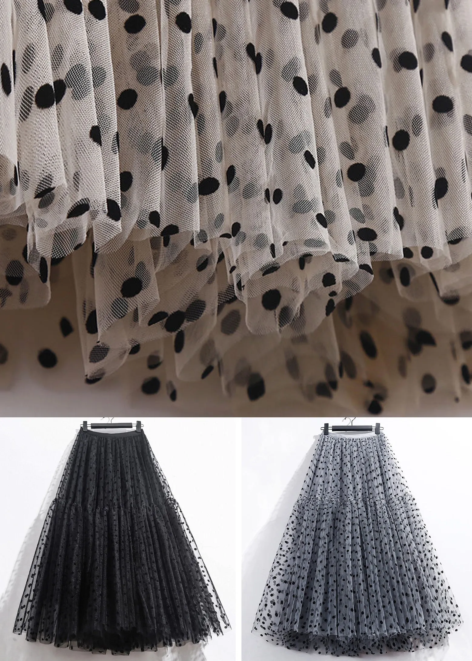 Dark Gray Dot Pleated Tulle Skirt High Waist Summer AS1045