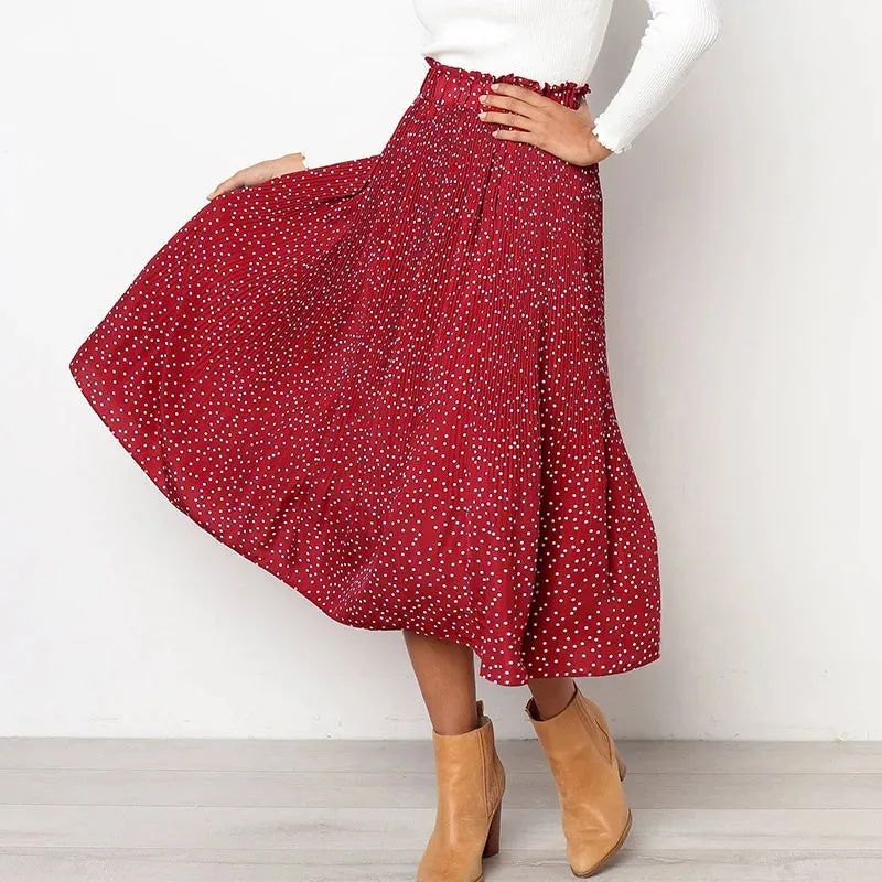 Dots Floral Print Elastic Side Pockets Skirt