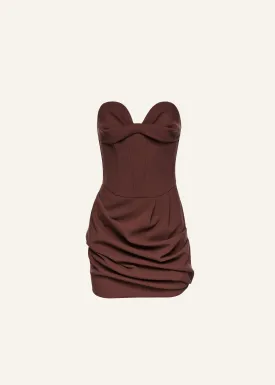 Draped strapless babydoll dress in burgundy