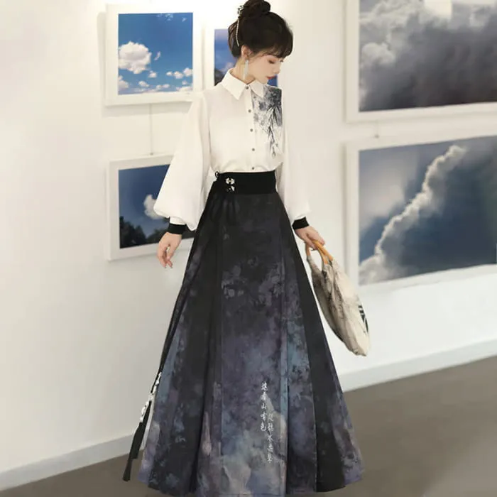 Elegant Bamboo Ink Painting Shirt Lace Up Pleated Skirt