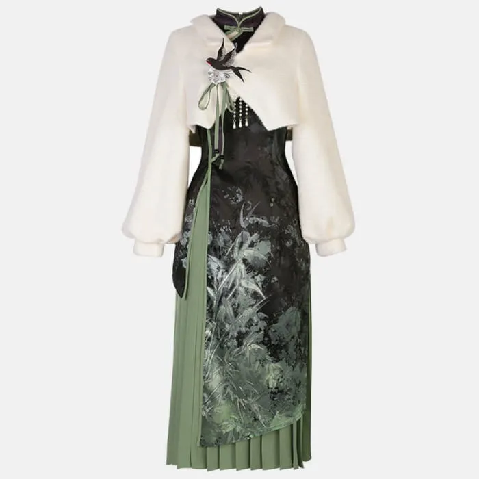 Elegant Bamboo Print Cheongsam Dress Pleated Skirt