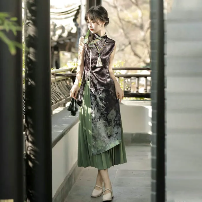 Elegant Bamboo Print Cheongsam Dress Pleated Skirt