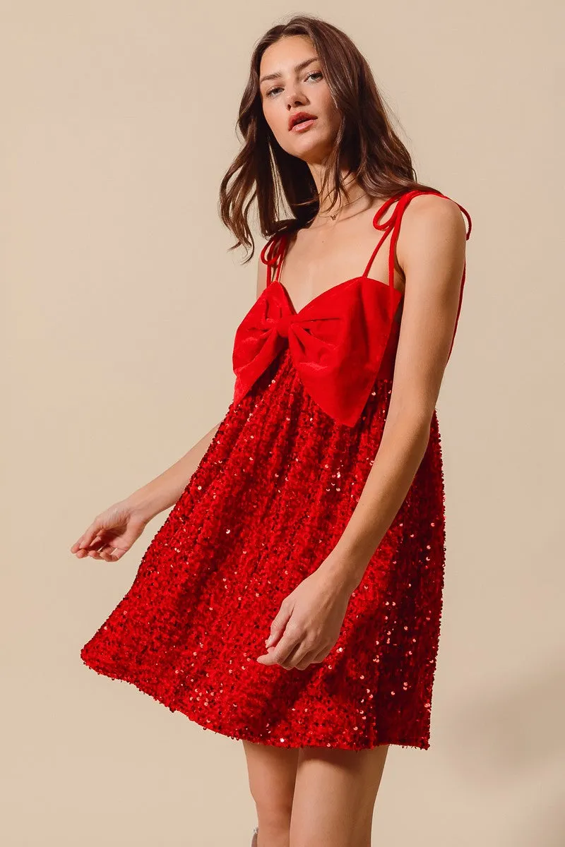 Emberly Red Velvet Sequin Babydoll Holiday Mini Dress