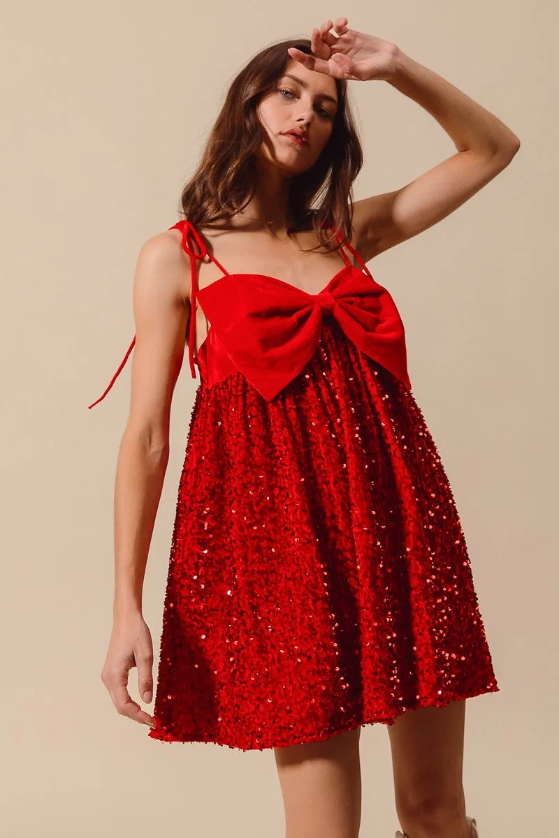 Emberly Red Velvet Sequin Babydoll Holiday Mini Dress