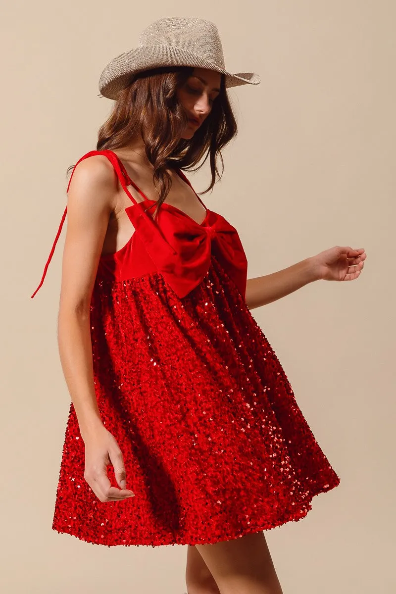 Emberly Red Velvet Sequin Babydoll Holiday Mini Dress