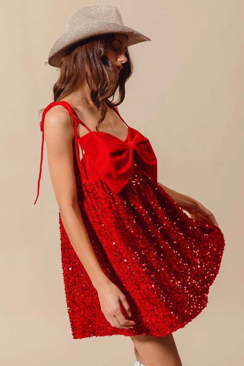 Emberly Red Velvet Sequin Babydoll Holiday Mini Dress