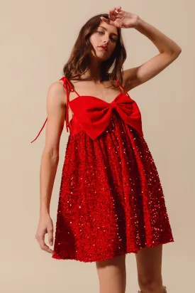 Emberly Red Velvet Sequin Babydoll Holiday Mini Dress