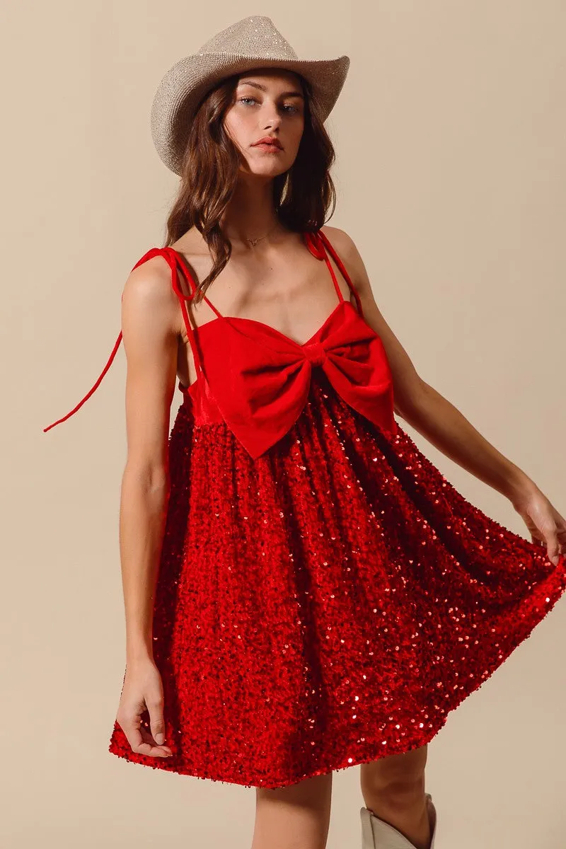 Emberly Red Velvet Sequin Babydoll Holiday Mini Dress