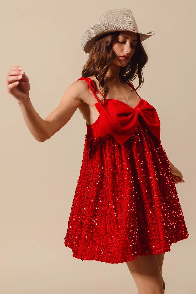 Emberly Red Velvet Sequin Babydoll Holiday Mini Dress