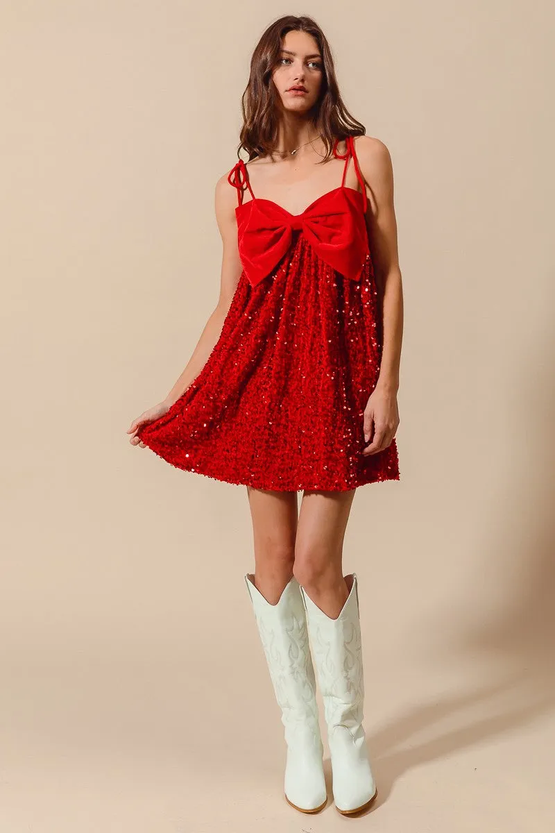 Emberly Red Velvet Sequin Babydoll Holiday Mini Dress