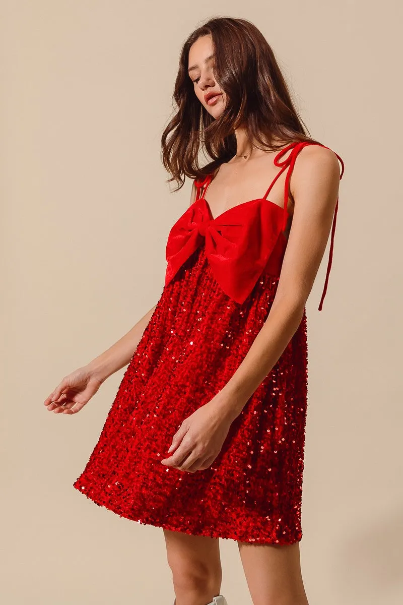 Emberly Red Velvet Sequin Babydoll Holiday Mini Dress