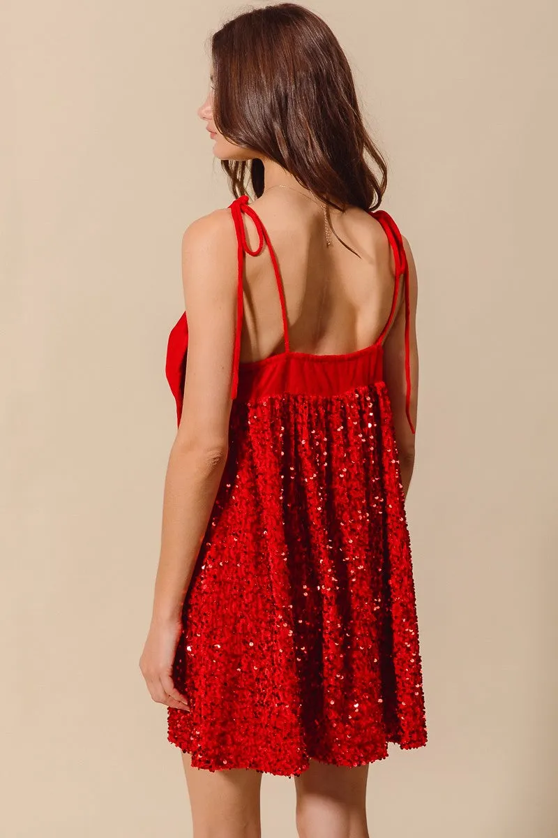 Emberly Red Velvet Sequin Babydoll Holiday Mini Dress