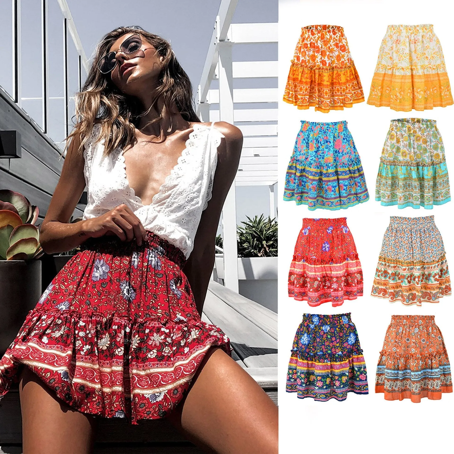 Ethnic Women Elastic Waist Floral Ruffle Pleated Printed Mini Short Skirts