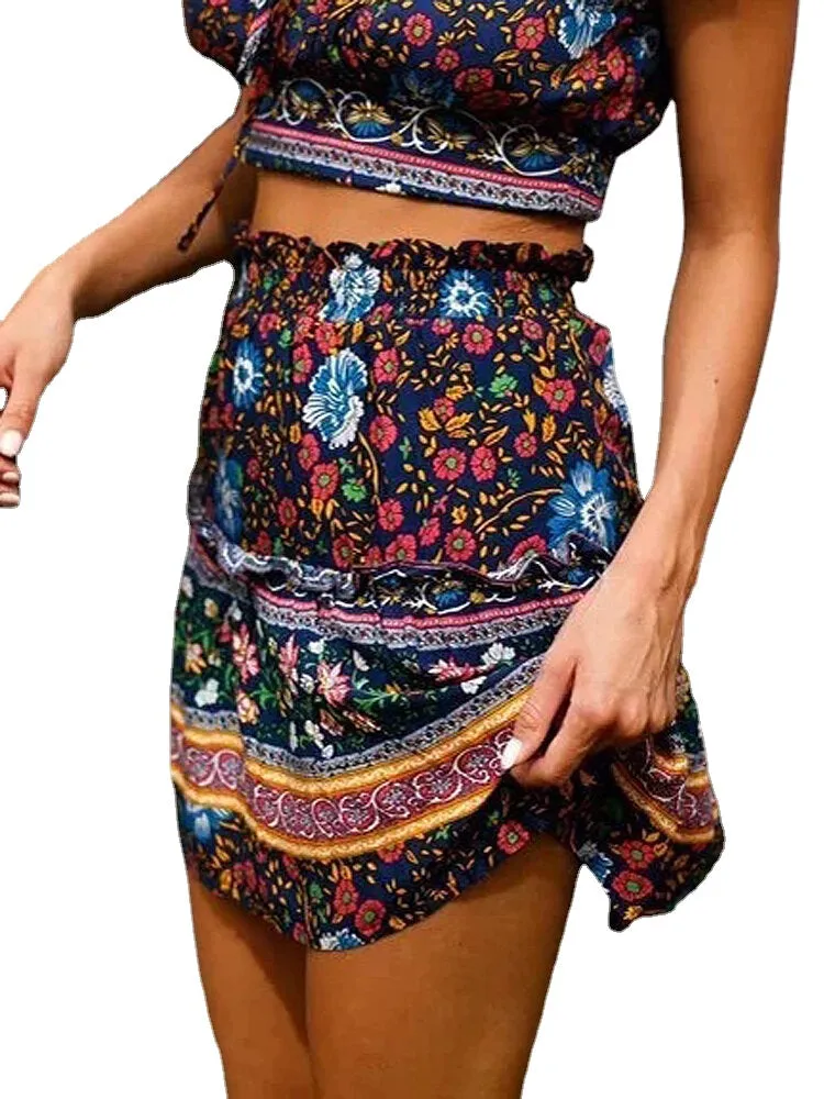 Ethnic Women Elastic Waist Floral Ruffle Pleated Printed Mini Short Skirts