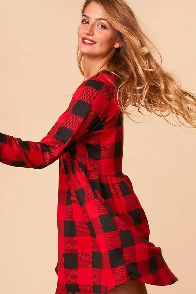 FINAL SALE -  Red Black Buffalo Plaid Babydoll Dress