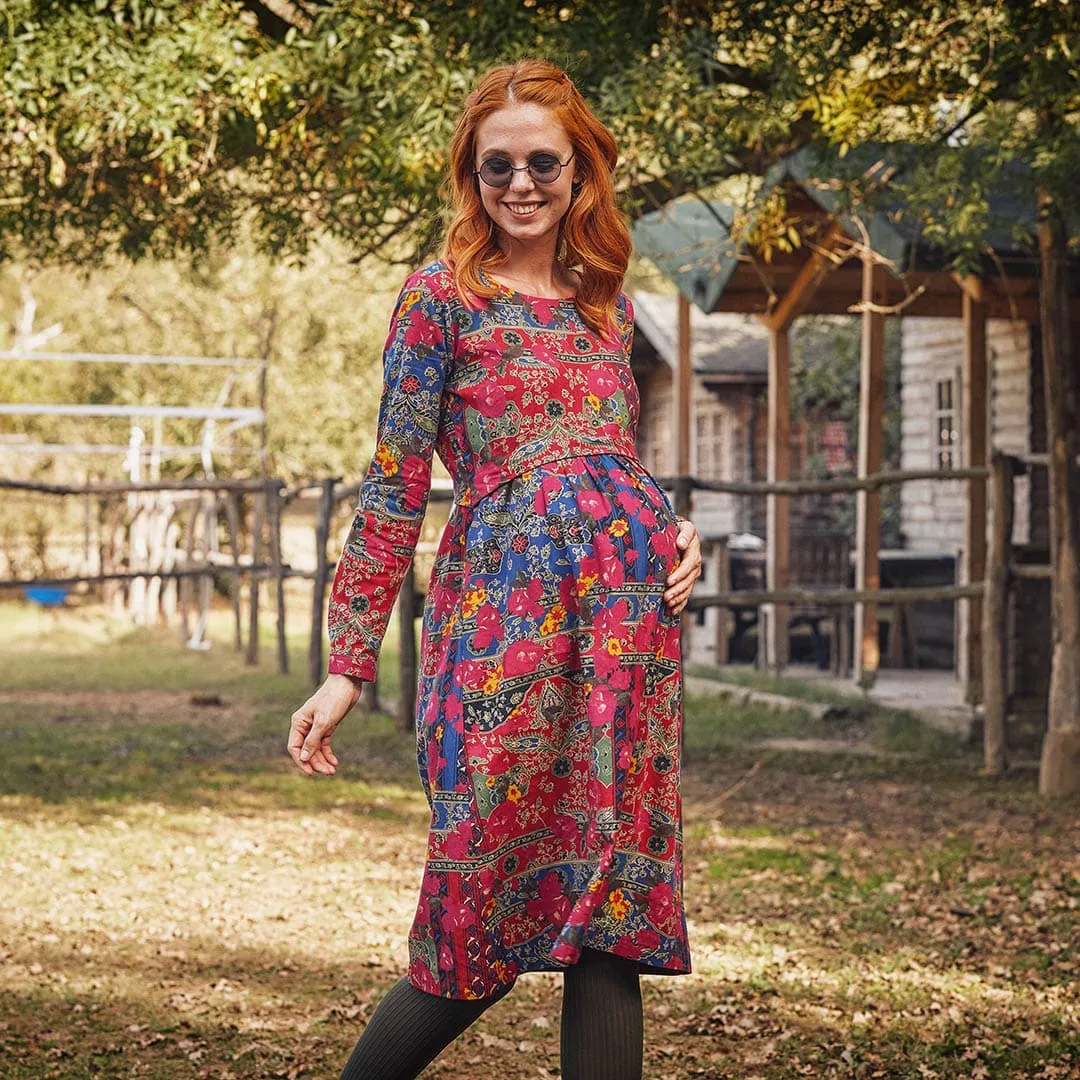 Floral Print Boat Neck MidLength Long Sleeve Maternity Dress