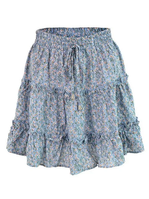 Floral Print Mini Skirt For Women Bandage Fashion High Waist Frills Short Skirt Pleated