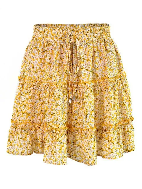 Floral Print Mini Skirt For Women Bandage Fashion High Waist Frills Short Skirt Pleated