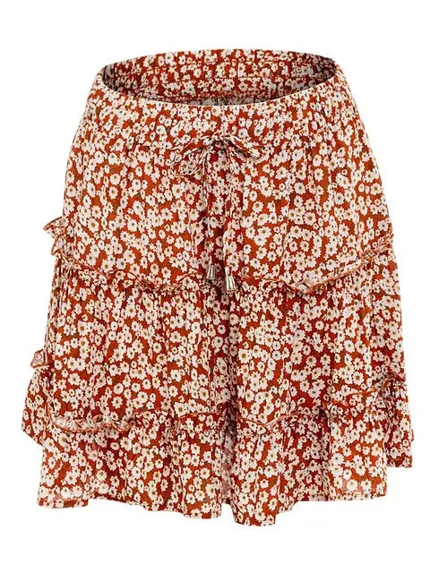 Floral Print Mini Skirt For Women Bandage Fashion High Waist Frills Short Skirt Pleated